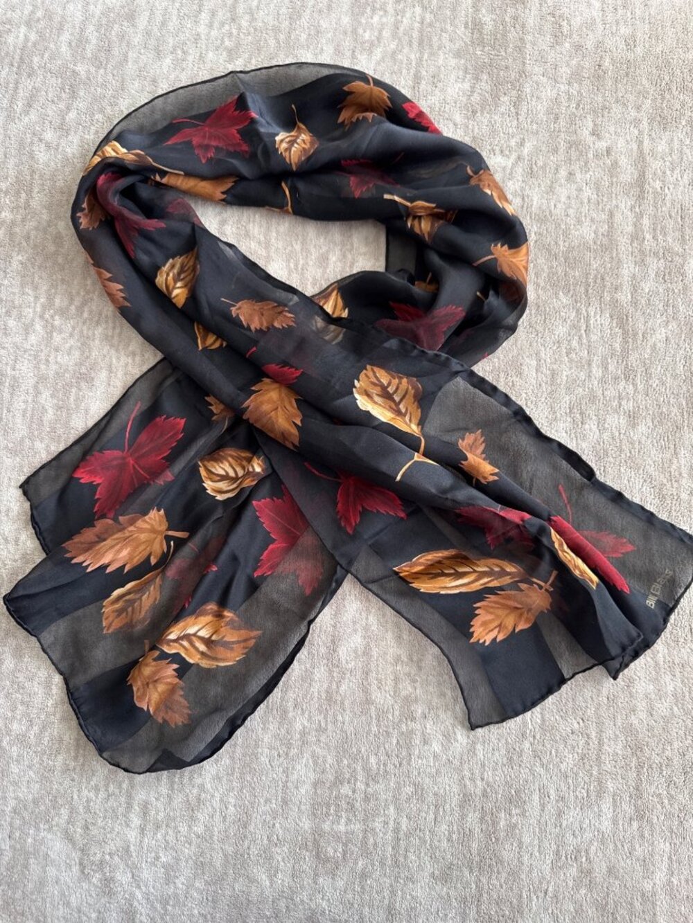 Vibrant Bill Blass Rectangle Silk Scarf Black Stripe Leaves Fall
